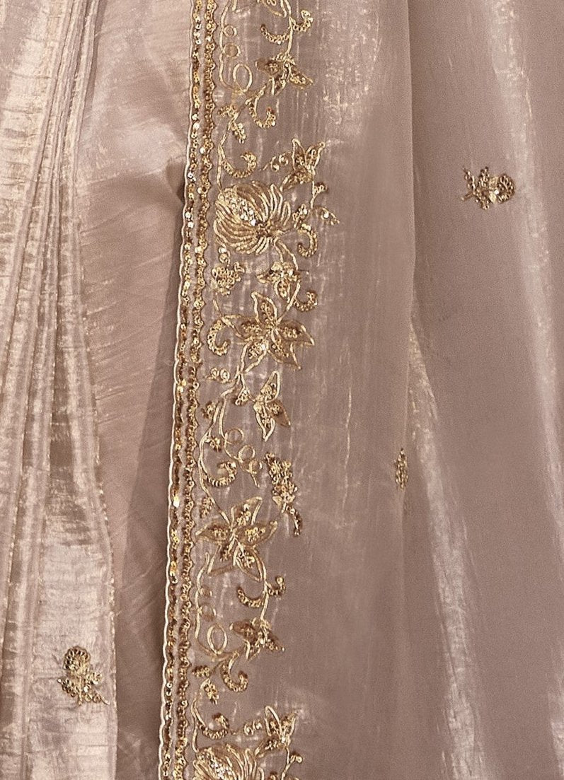 Pastel Mauve Tissue Silk Saree With Embroidered Designer Blouse
