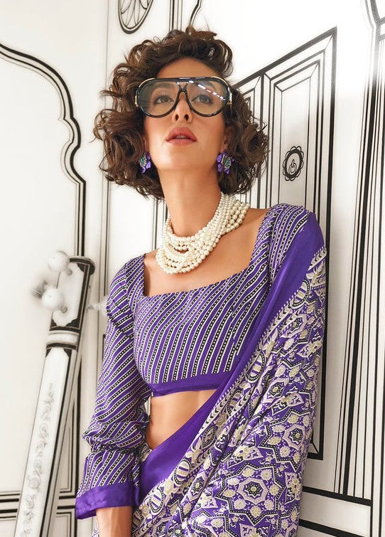 STORI Purple Ajrakh Printed Satin Crepe Saree