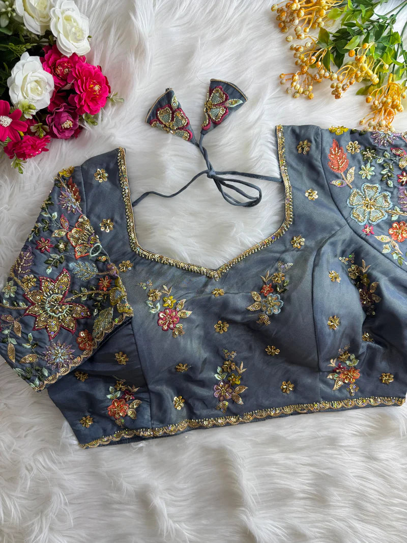Pastel Shades Soft Silk Blouse With Hand Embroidery