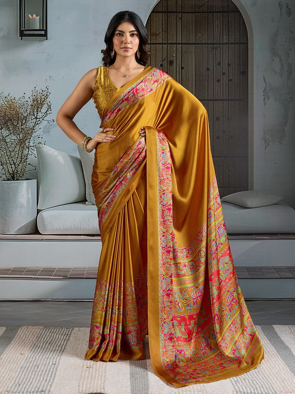 STORI Mustard Yellow Satin Crepe Saree