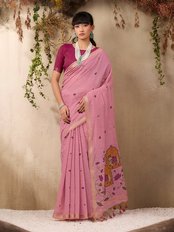 Powder Pink Munga Cotton Saree