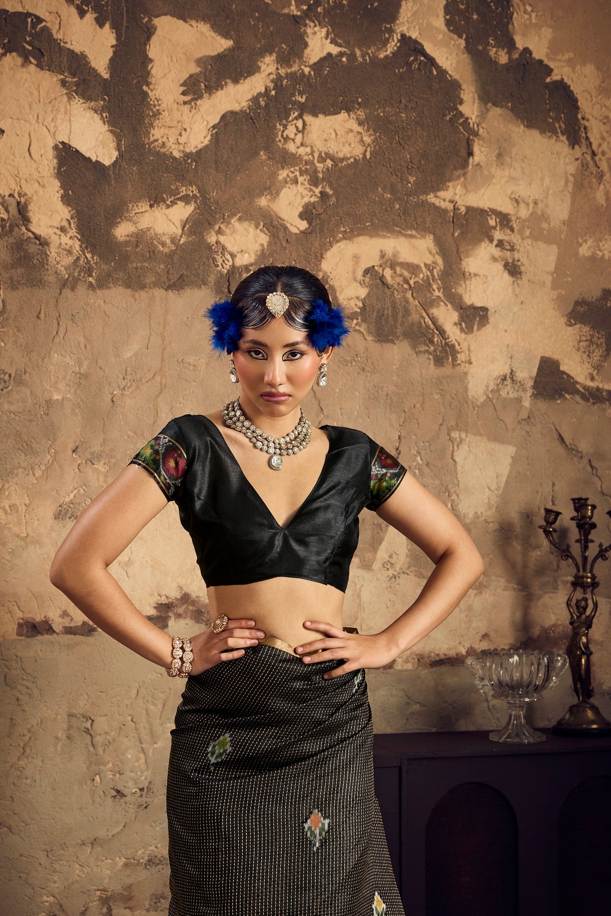 STORI Black Silk Saree With Patola Motifs