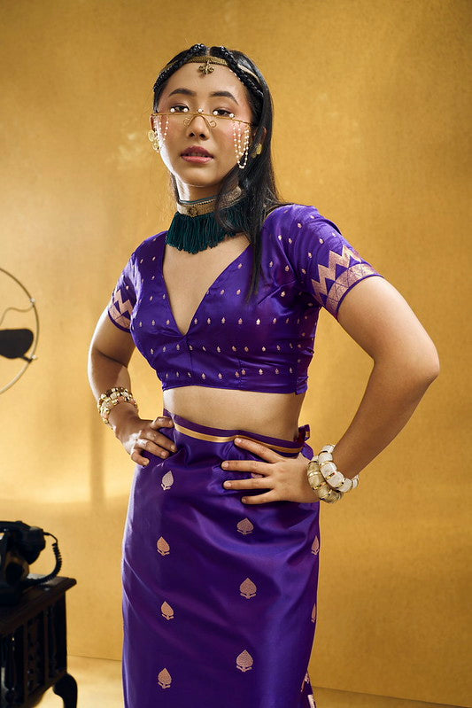 STORI Royal Purple Satin Silk Saree