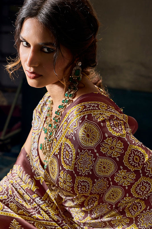 STORI Golden Ajrakh Satin Saree