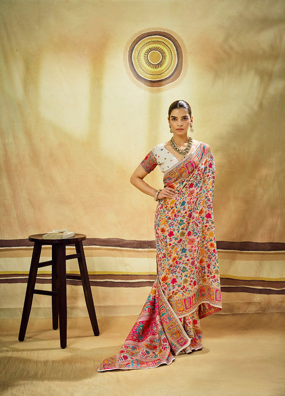 Pearl White Kashmiri Handloom Woven Munga Cotton Saree
