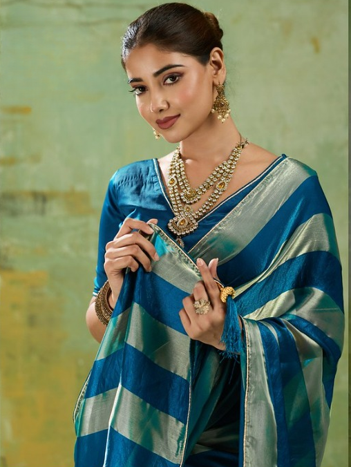 Blue Striped Satin Saree