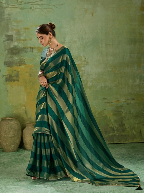 Pine Green Striped Satin Saree