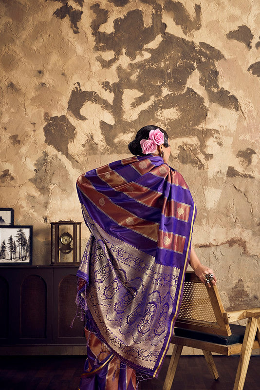 Purple And Blue Pure Satin Silk Saree