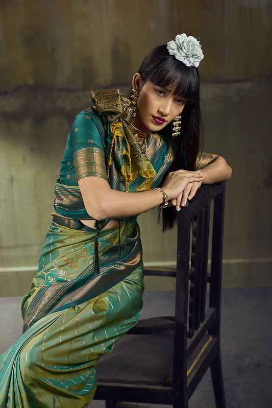 STORI Dual Green Pochampally Handloom Silk Saree
