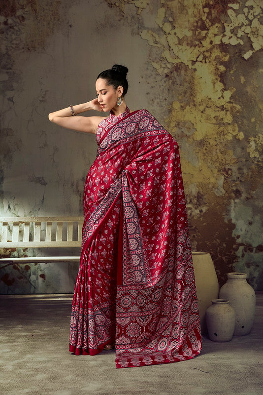 Cherry Red Ajrakh Printed Saree