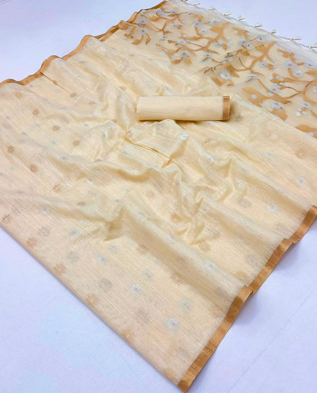 STORI Cream Off White Munga Pure Cotton Handloom Saree