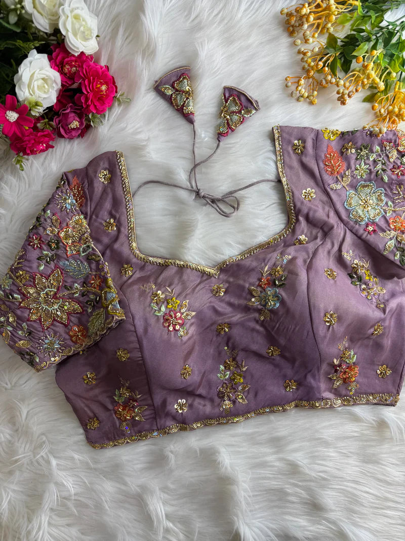 Pastel Shades Soft Silk Blouse With Hand Embroidery
