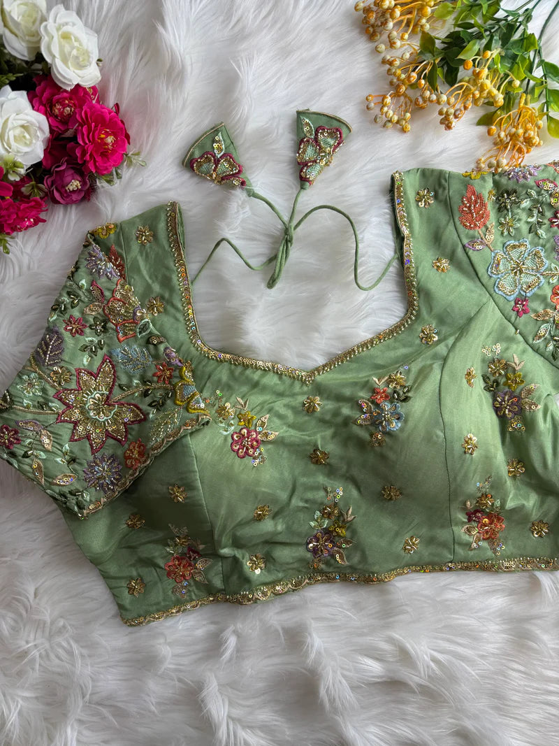 Pastel Shades Soft Silk Blouse With Hand Embroidery