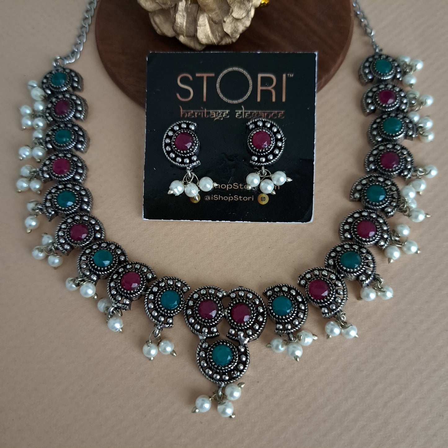 Rutuja Studded Stone Oxidised Necklace Set