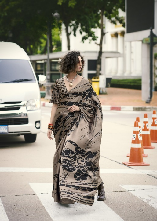 Mocha Brown Abstract Print Satin Silk Saree