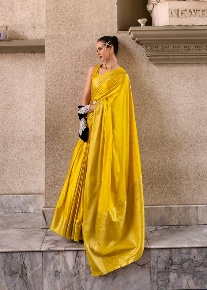 Vibrant Yellow Woven Satin Silk Banarasi Saree