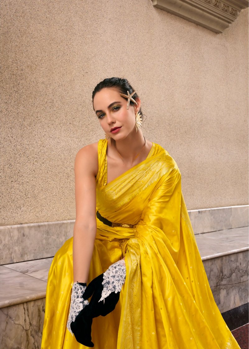 Vibrant Yellow Woven Satin Silk Banarasi Saree