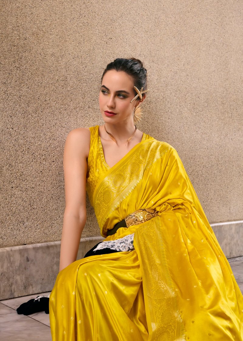 Vibrant Yellow Woven Satin Silk Banarasi Saree