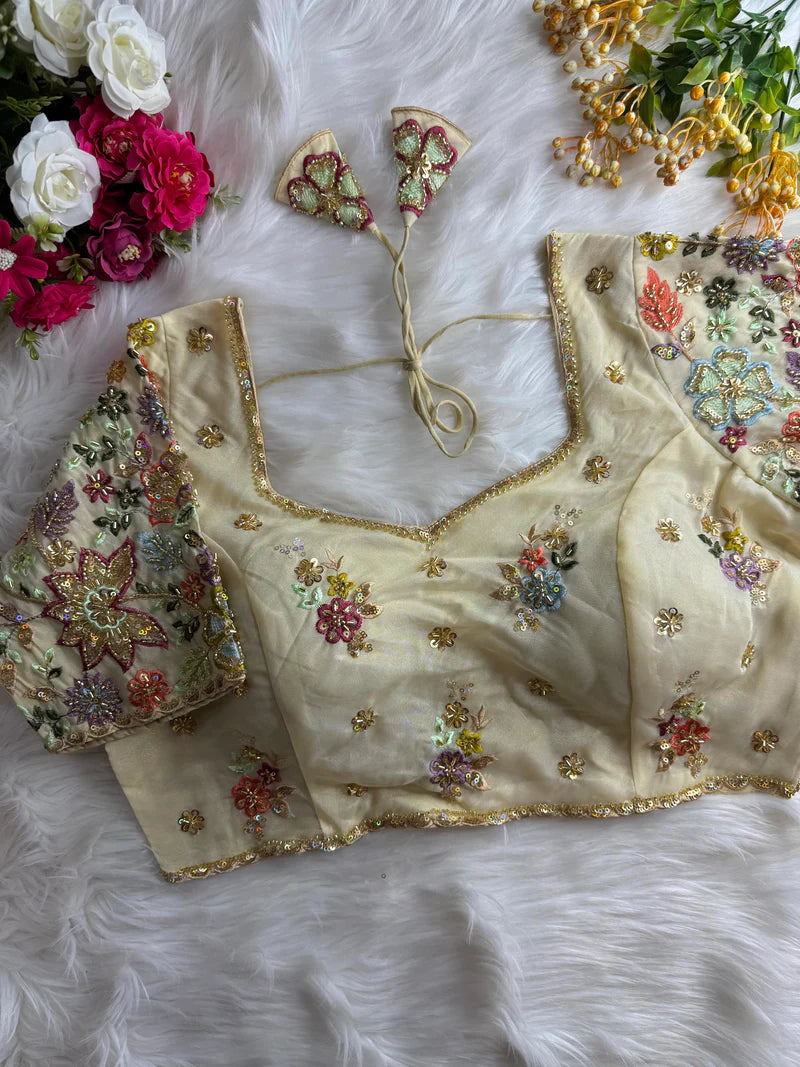 Pastel Shades Soft Silk Blouse With Hand Embroidery