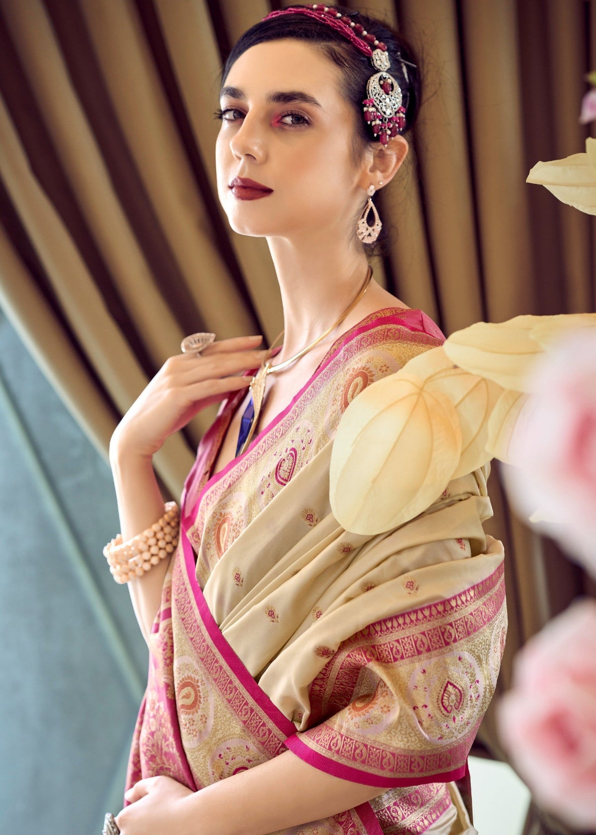 Beige Banarasi Saree Shop Online-STORI
