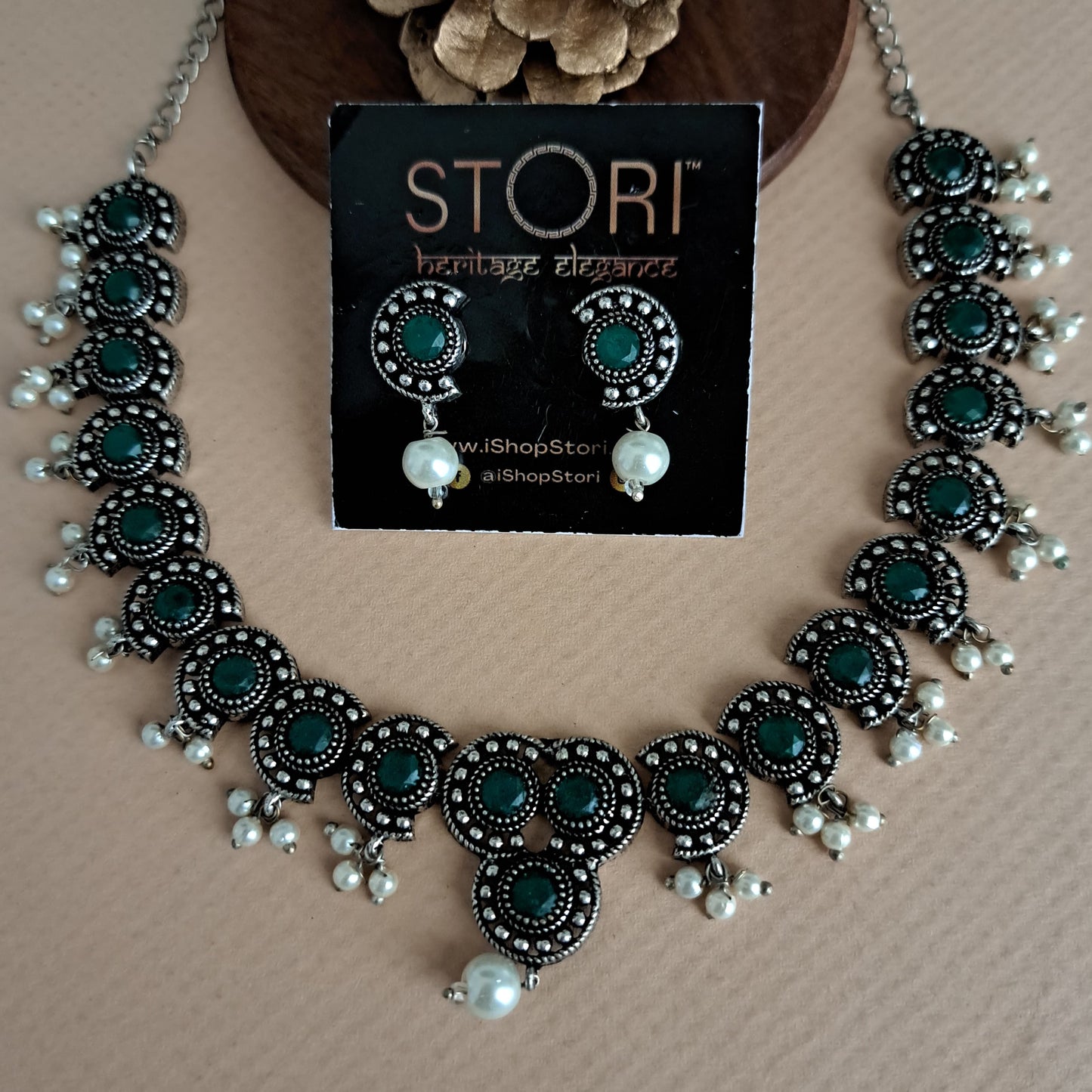 Rutuja Studded Stone Oxidised Necklace Set