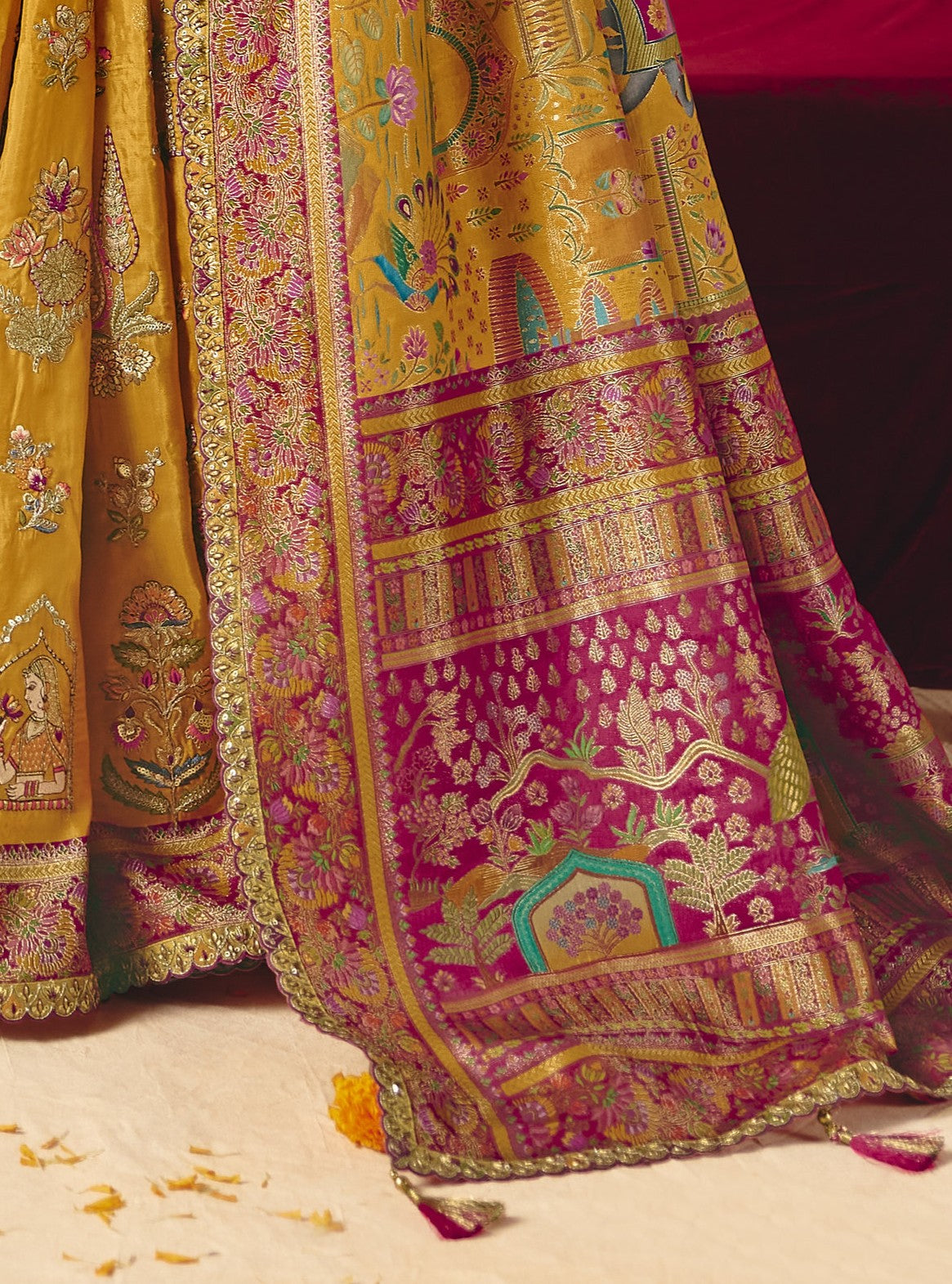 STORI Mustard Yellow Woven Banarasi Silk Saree