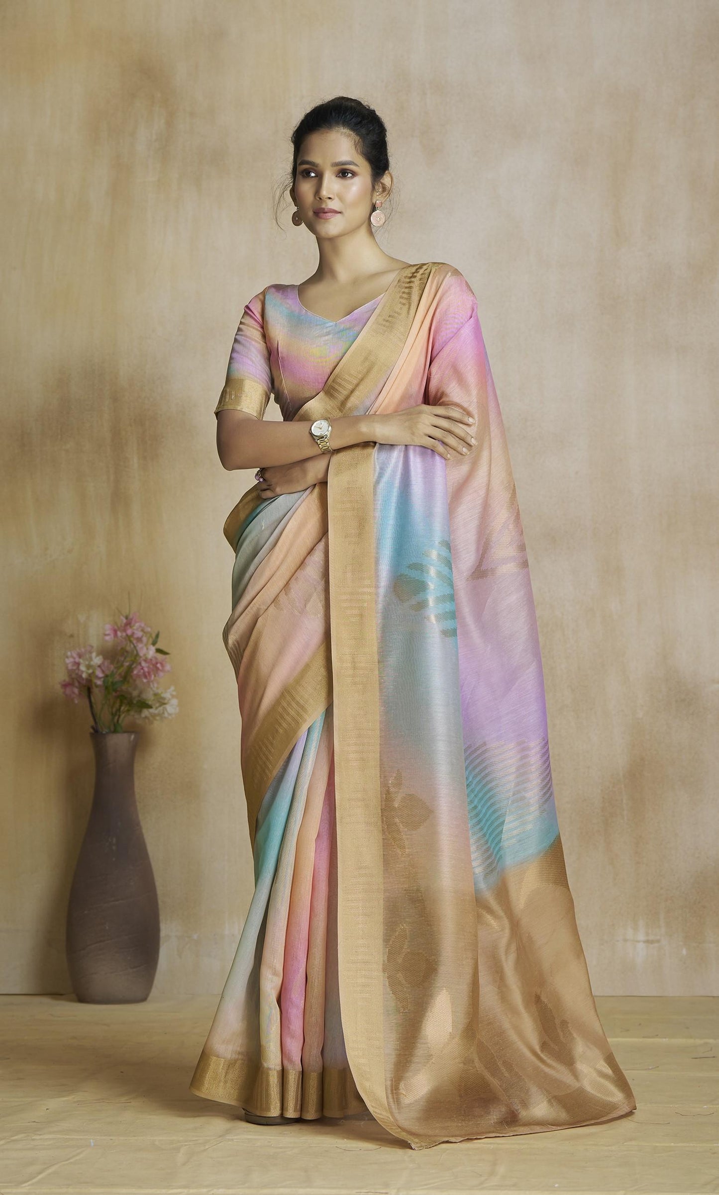 Oceanfoam Beige Multicolor Silk Saree