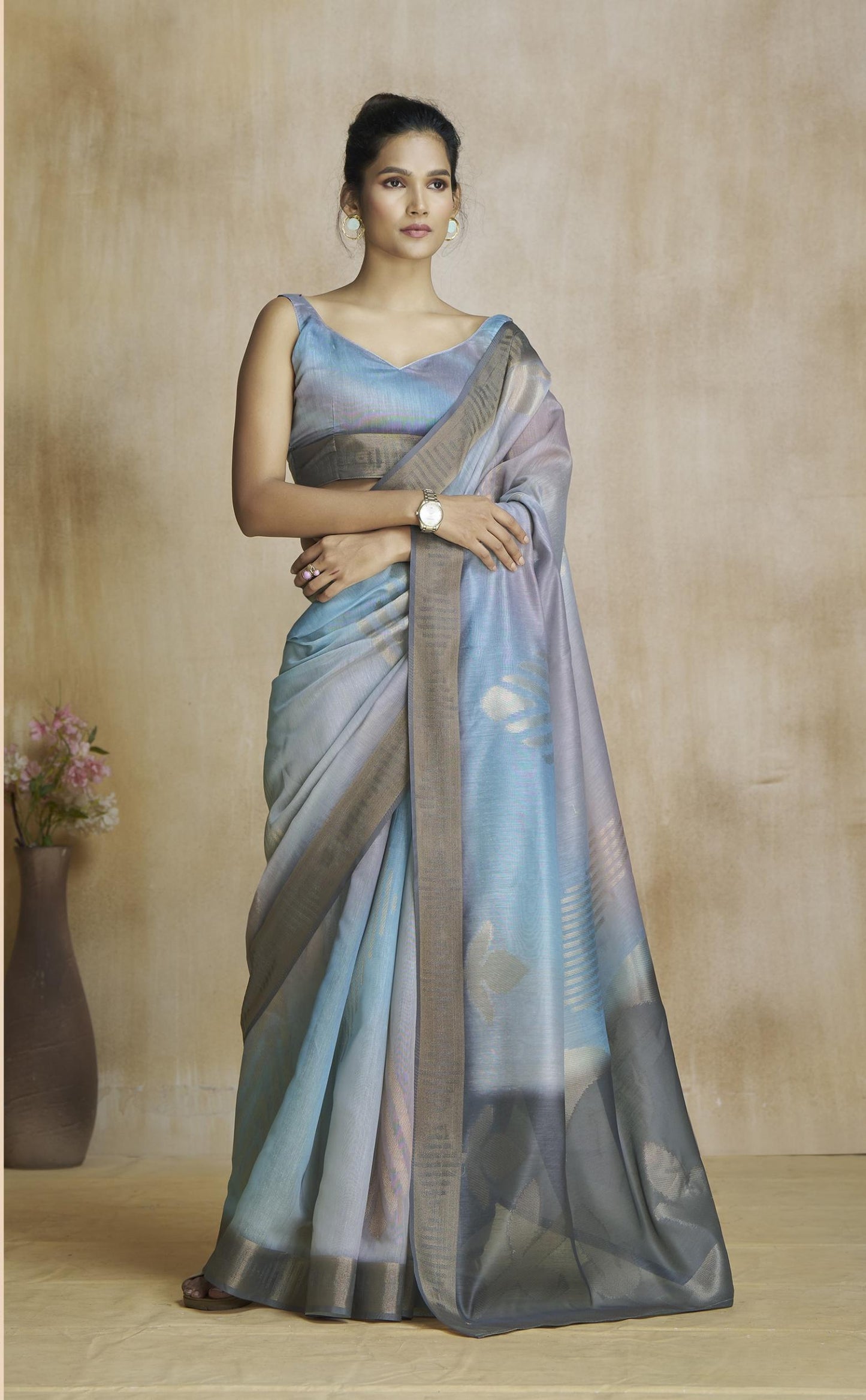 Oceanfoam Grey Multicolor Silk Saree