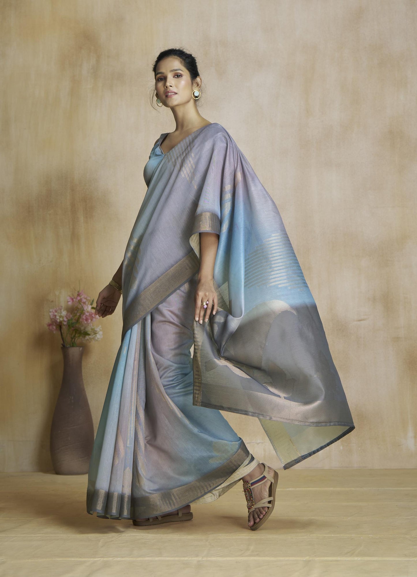 Oceanfoam Grey Multicolor Silk Saree