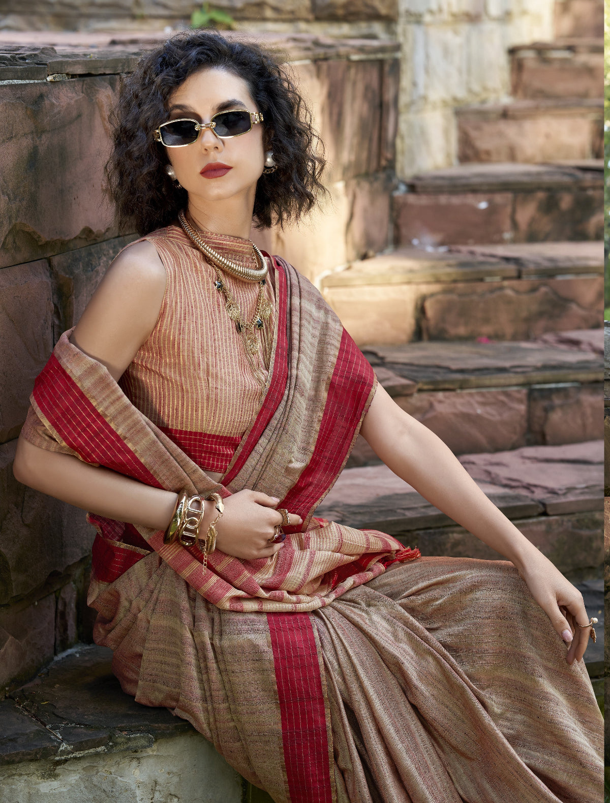 Shop Beige Handloom Silk Sarees Online in India & USA - STORI