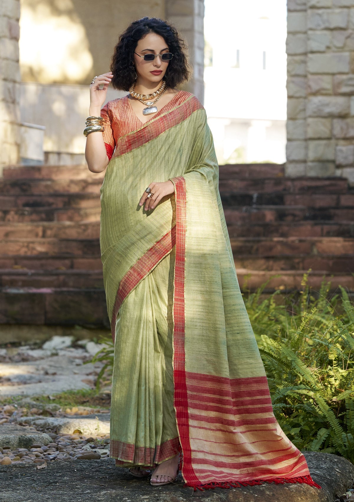 Shop Pear Green Handloom Silk Sarees Online in India & USA - STORI