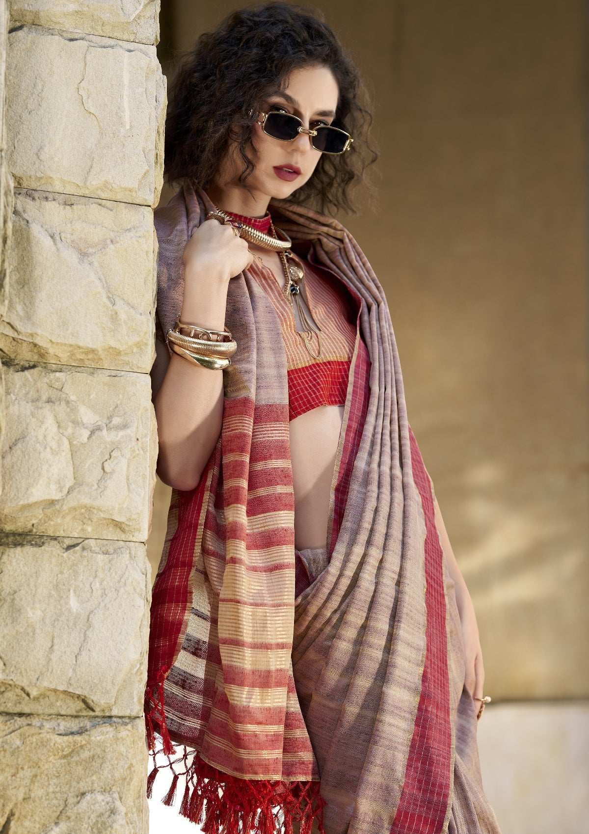 Shop Mauve Beige Handloom Silk Sarees Online in India & USA - STORI