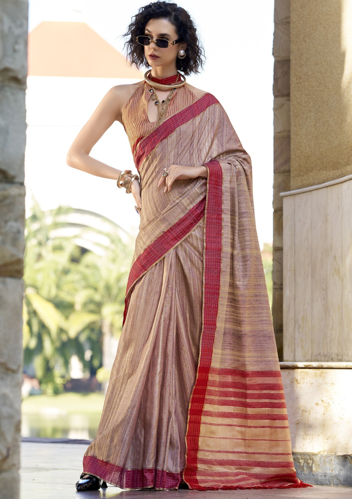 Shop Mauve Beige Handloom Silk Sarees Online in India & USA - STORI