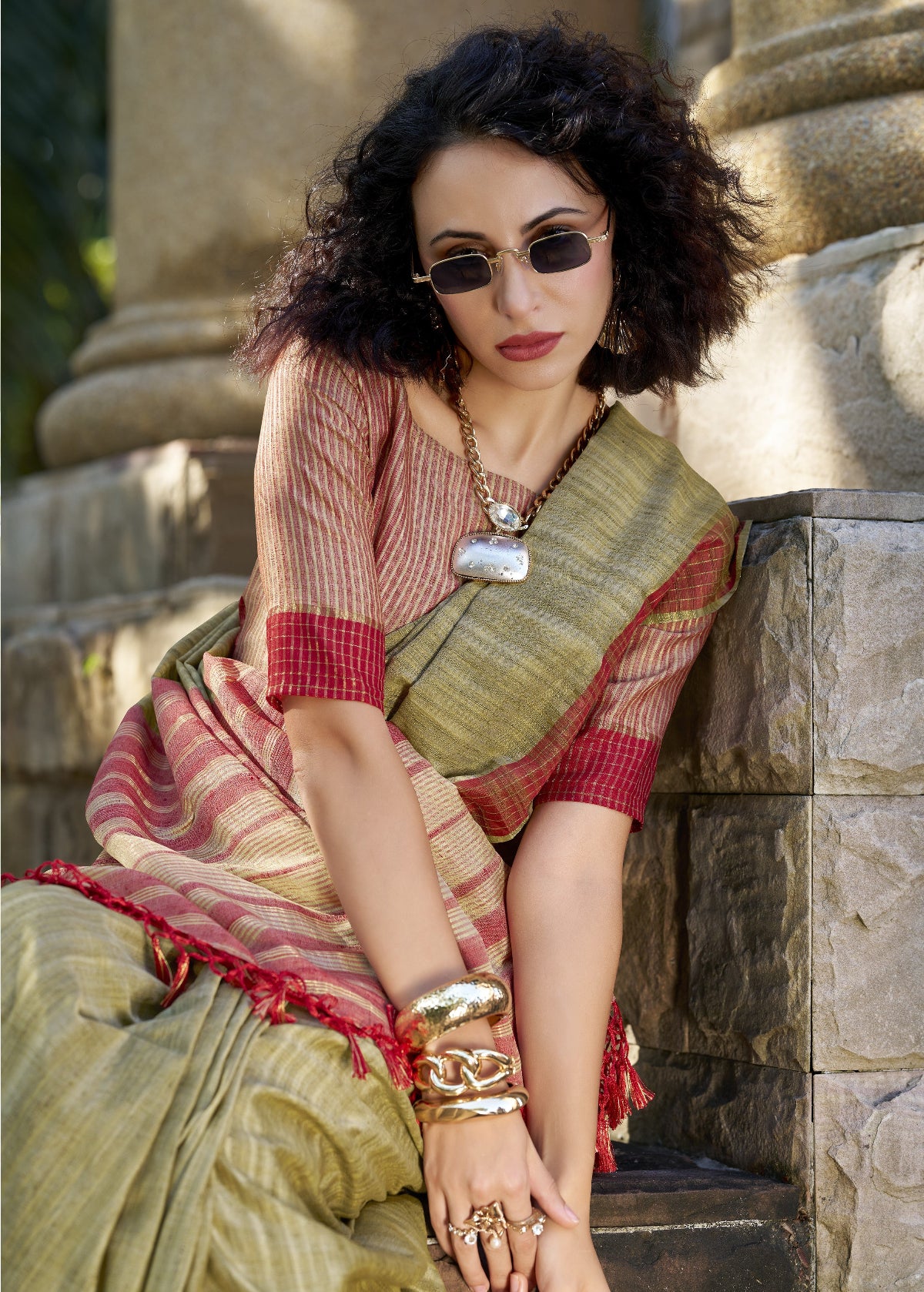 Shop Olive Green Handloom Silk Sarees Online in India & USA - STORI