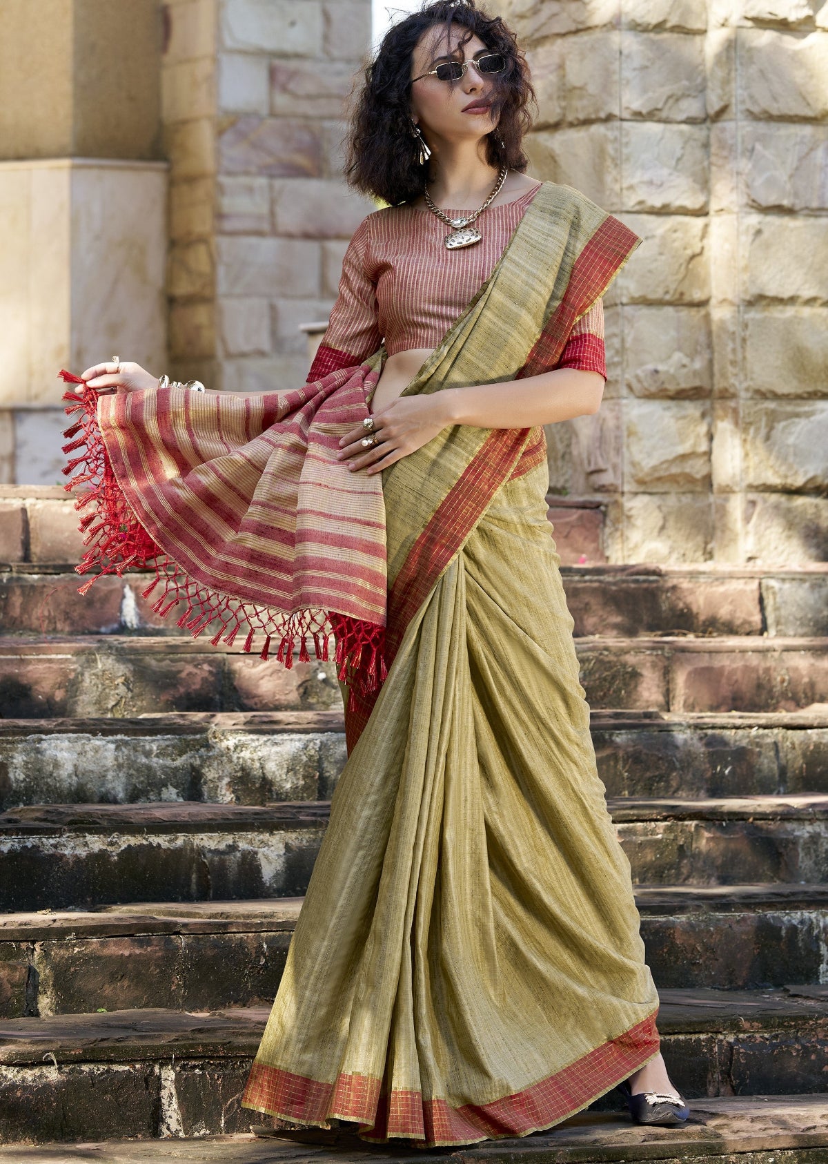 Shop Olive Green Handloom Silk Sarees Online in India & USA - STORI