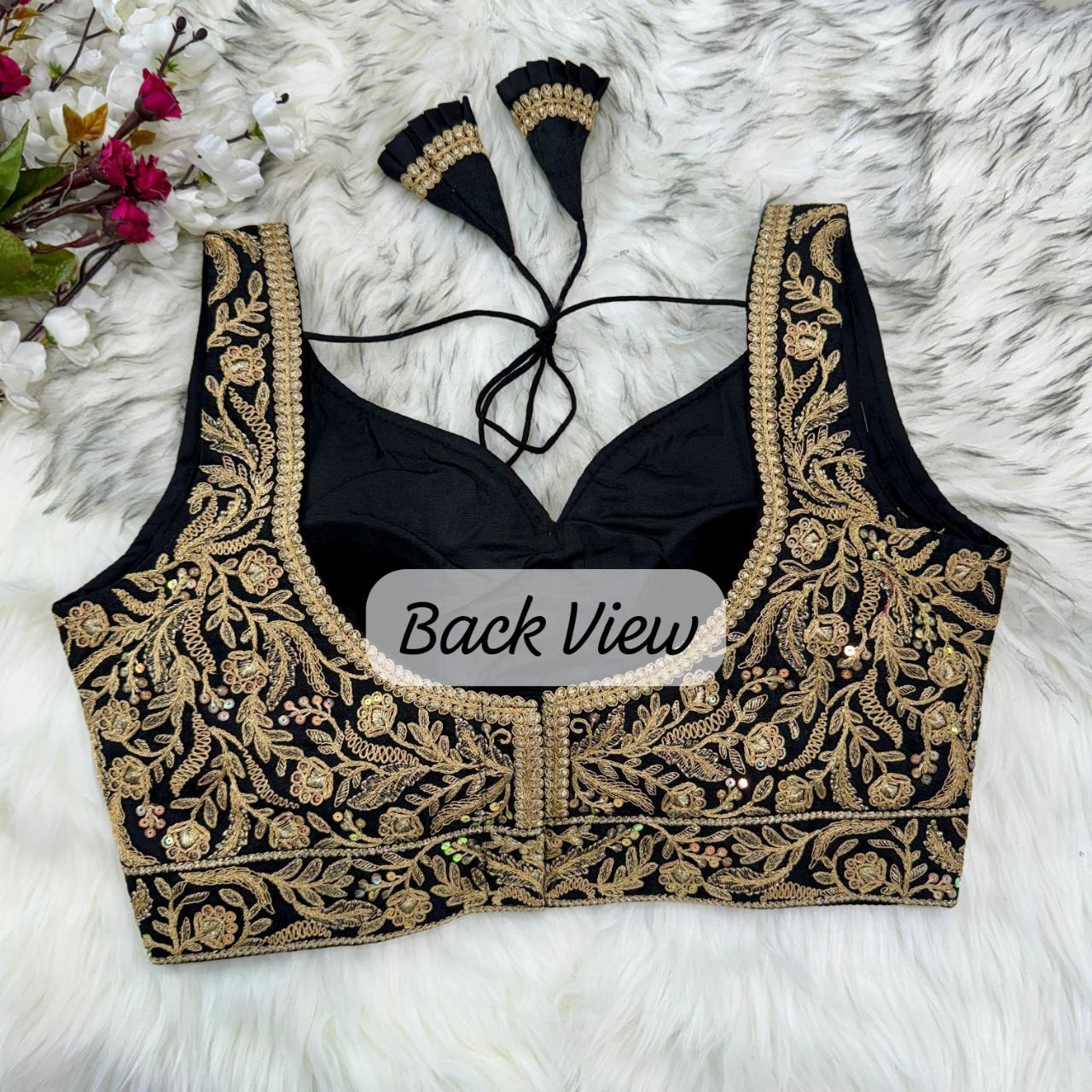 Black Heavy Zari Embroidered Designer Blouse With Elbow Sleeves