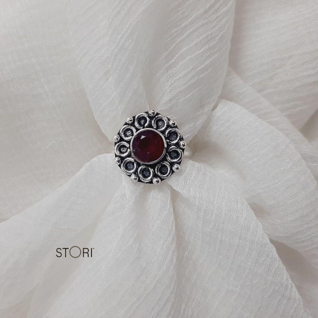 Red Women's Oxidised Silver Ring - STORI