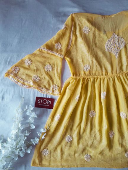 Adila Yellow Short Georgette Chikankari Kurti With Bell Sleeves