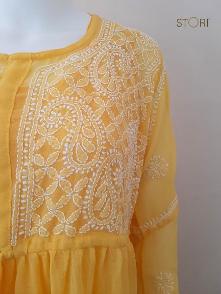 Adila Yellow Short Georgette Chikankari Kurti With Bell Sleeves