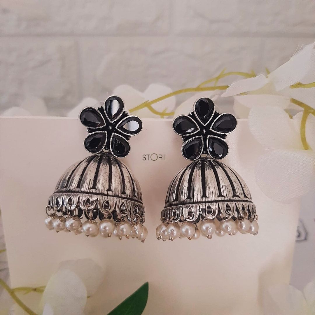 Athira Stone Studded Oxidised Jhumka Earrings