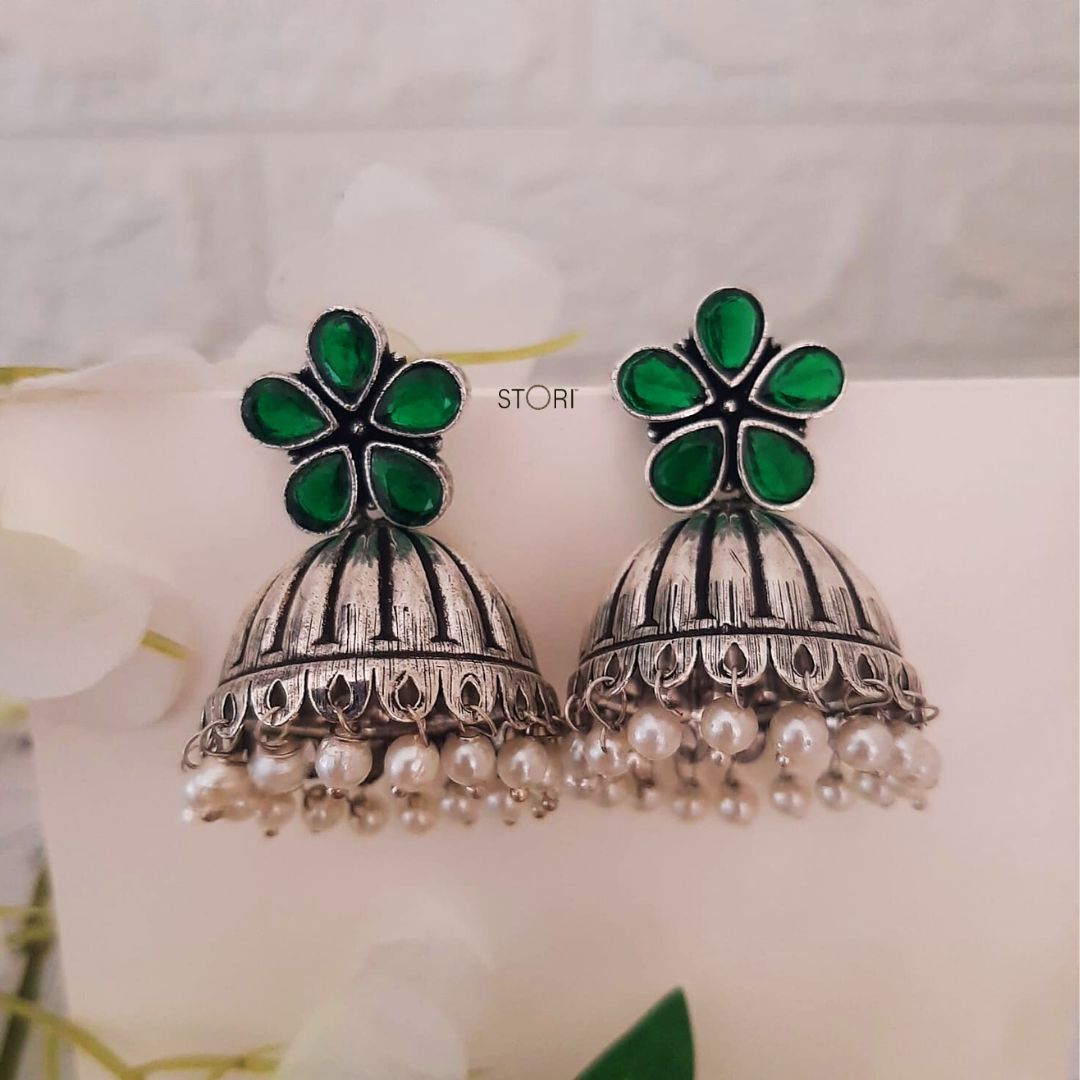 Athira Stone Studded Oxidised Jhumka Earrings