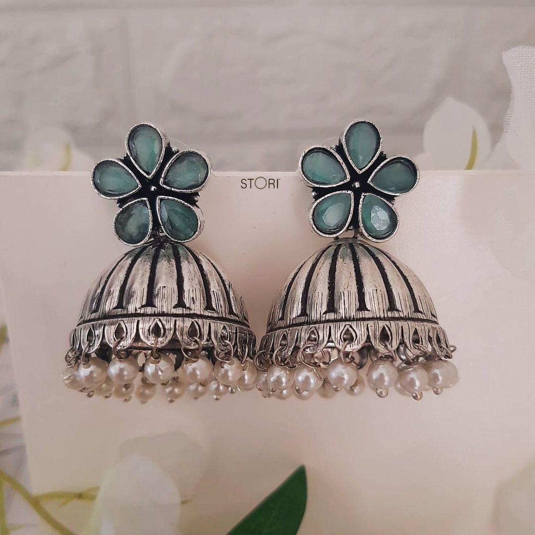 Athira Stone Studded Oxidised Jhumka Earrings