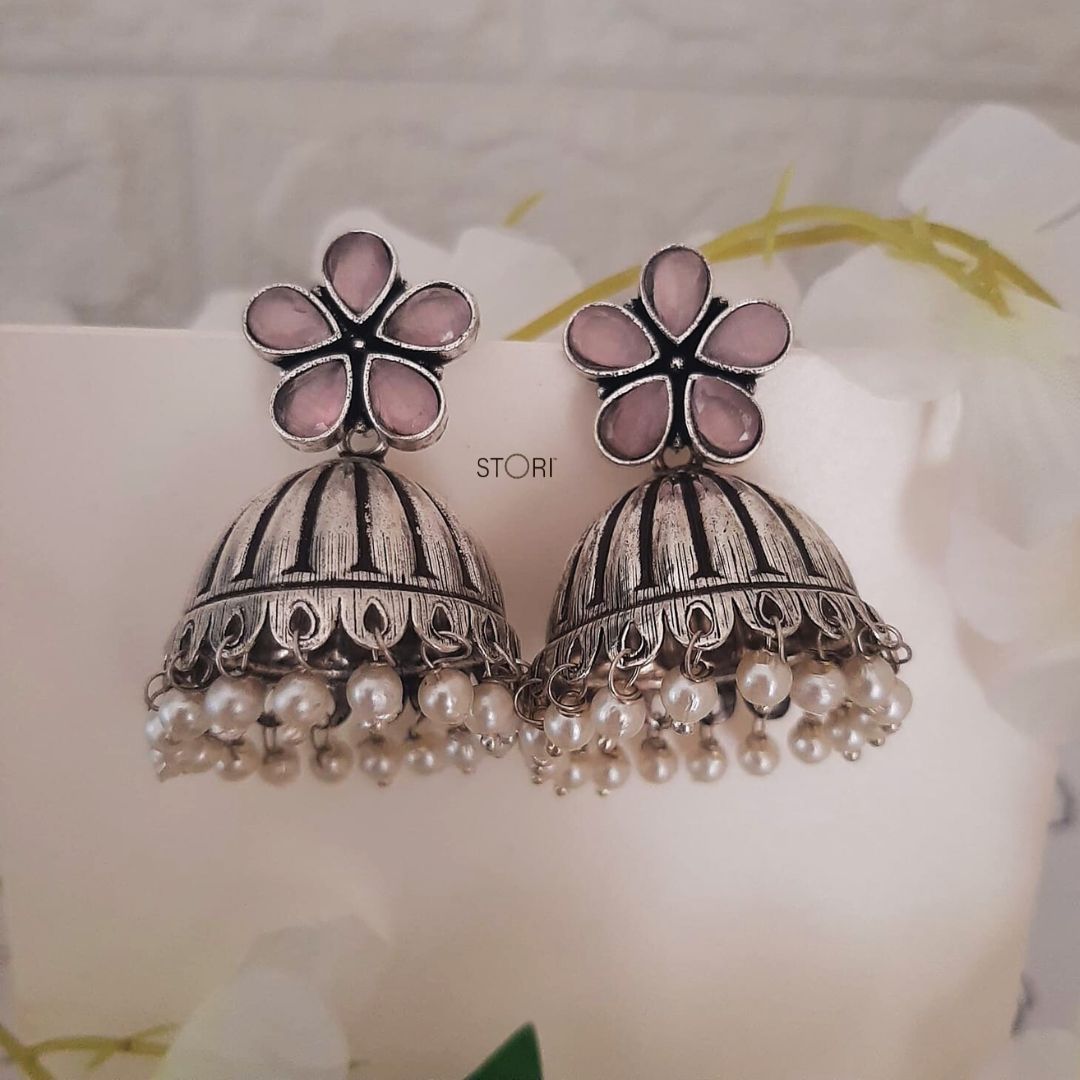Athira Stone Studded Oxidised Jhumka Earrings