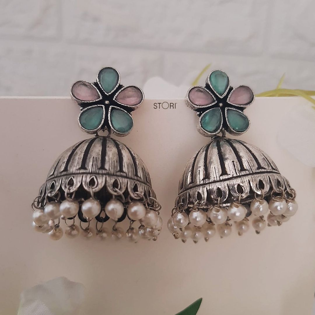 Athira Stone Studded Oxidised Jhumka Earrings