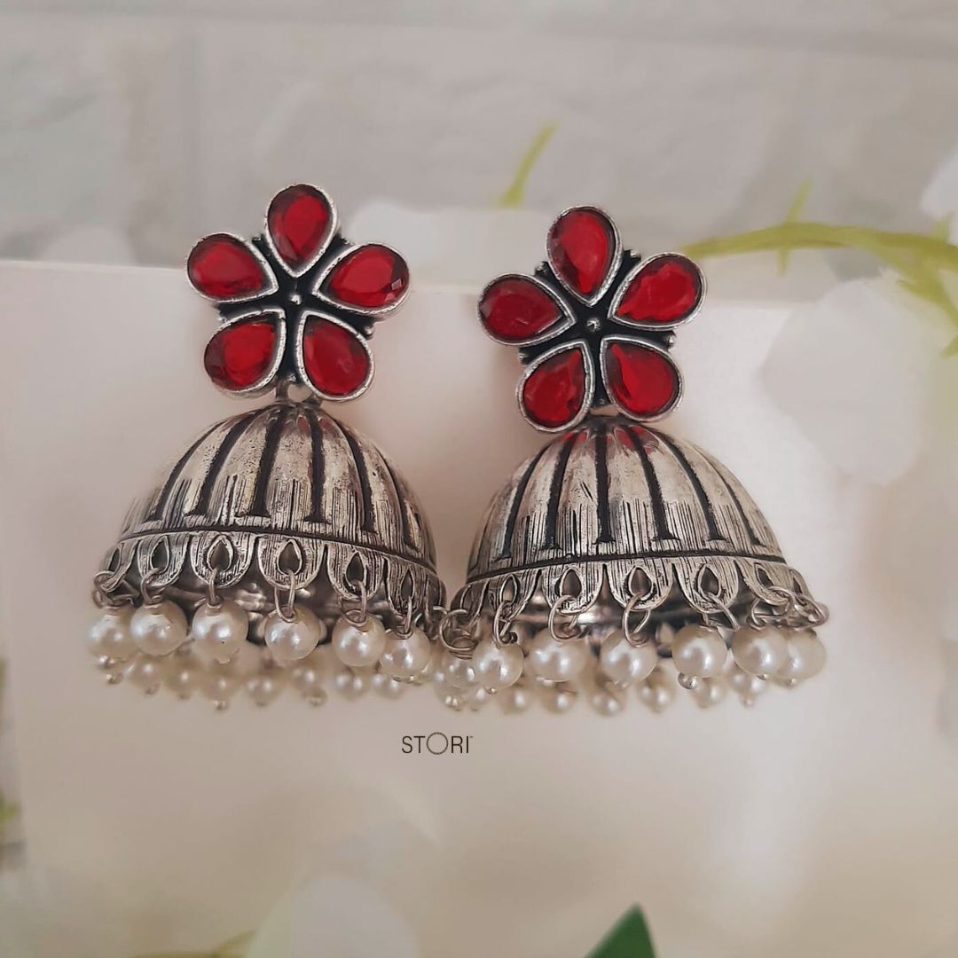 Athira Stone Studded Oxidised Jhumka Earrings