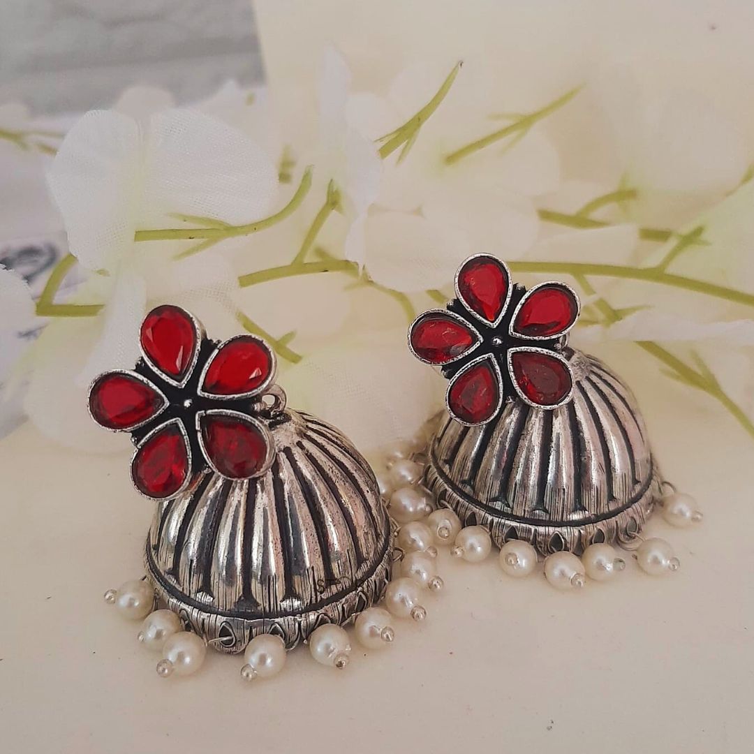 Athira Stone Studded Oxidised Jhumka Earrings