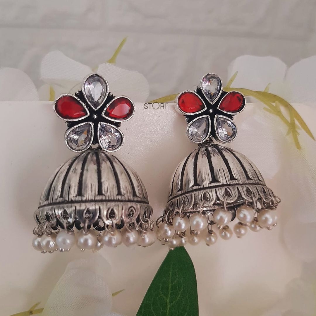 Athira Stone Studded Oxidised Jhumka Earrings