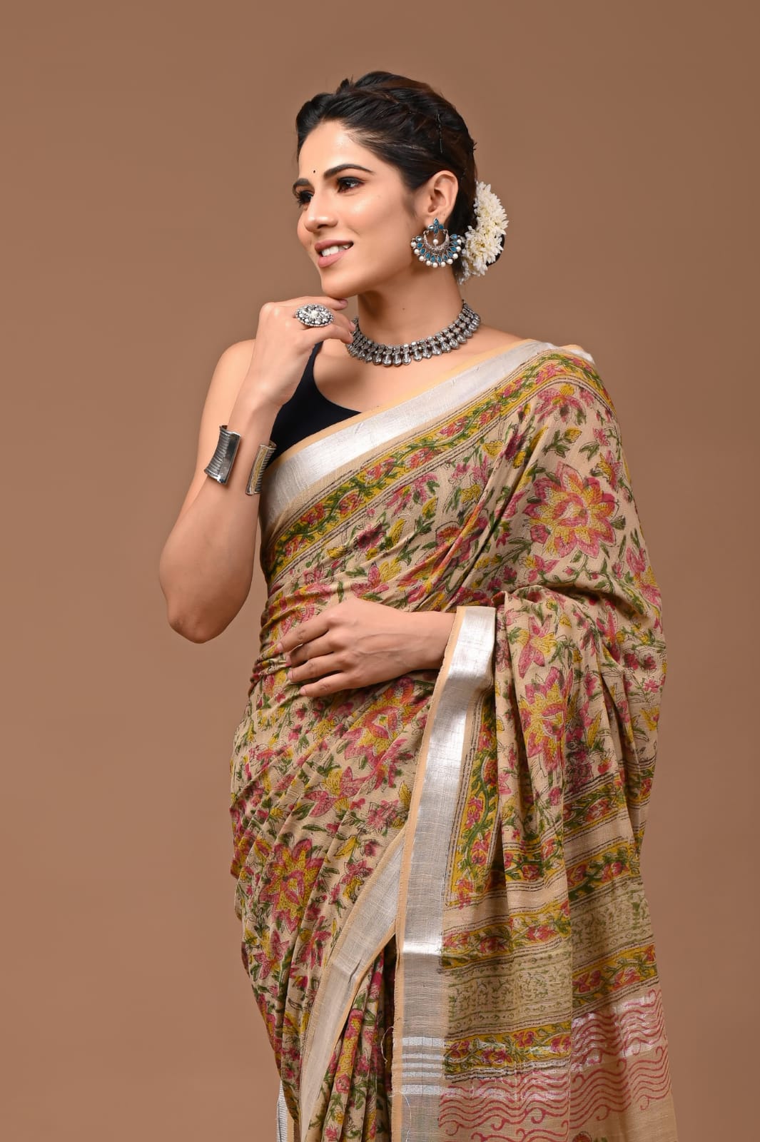 Handblock Printed Ajrakh Beige Linen Saree