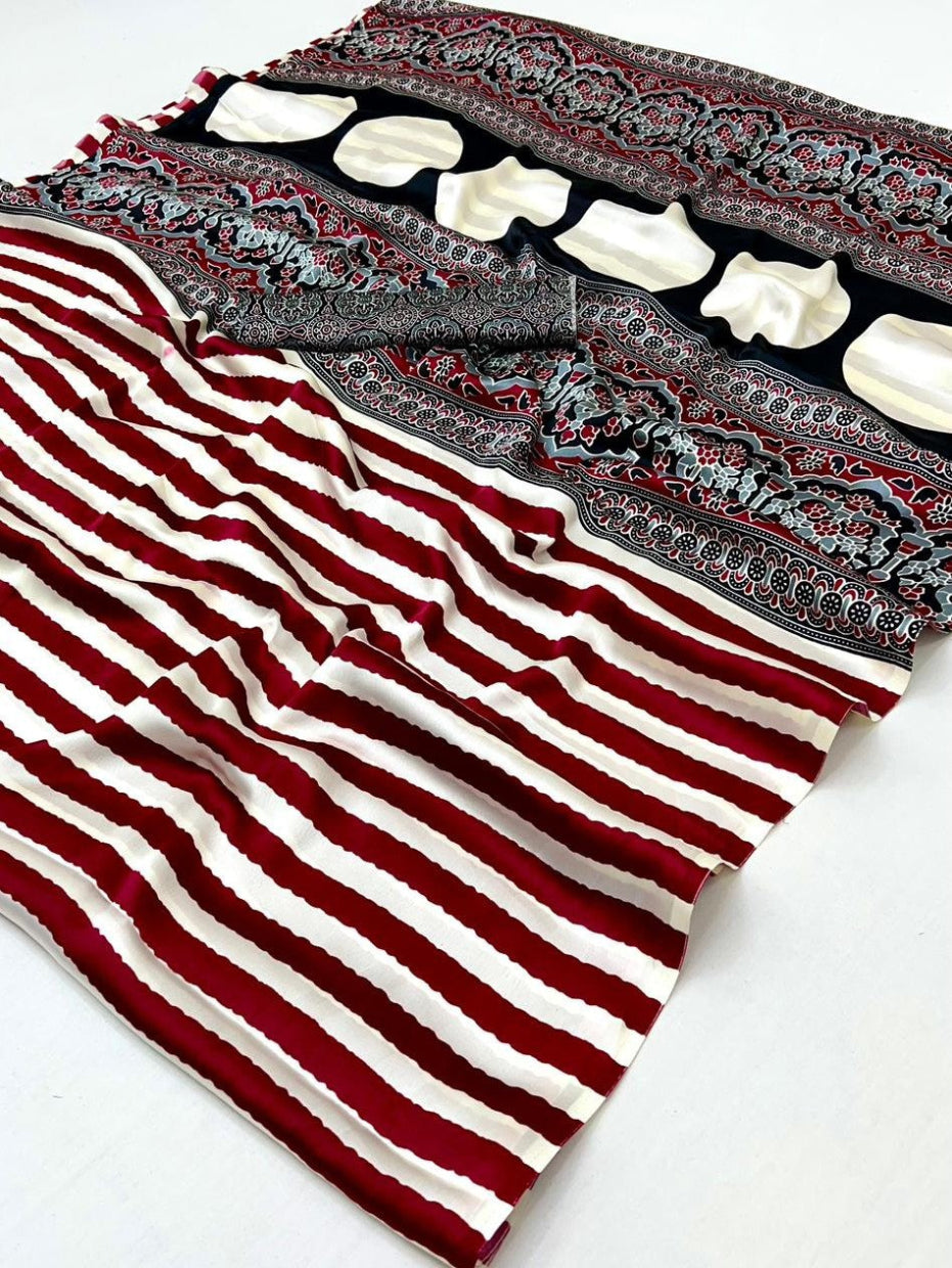 Maroon & White Ajrakh Modal Satin Silk