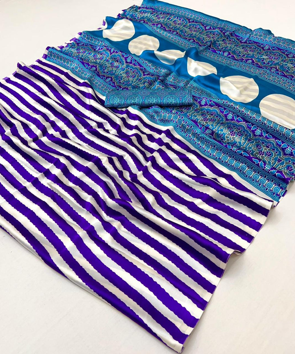 Purple & White Ajrakh Modal Satin Silk